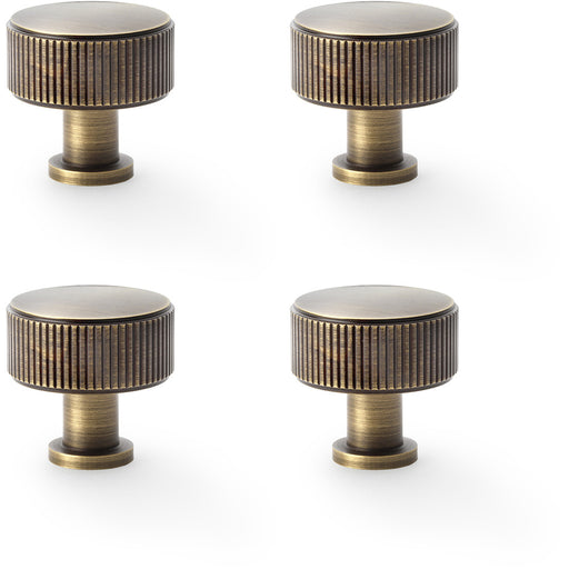 4 PACK Round Reeded Door Knob 35mm Antique Brass Lined Cupboard Pull Handle