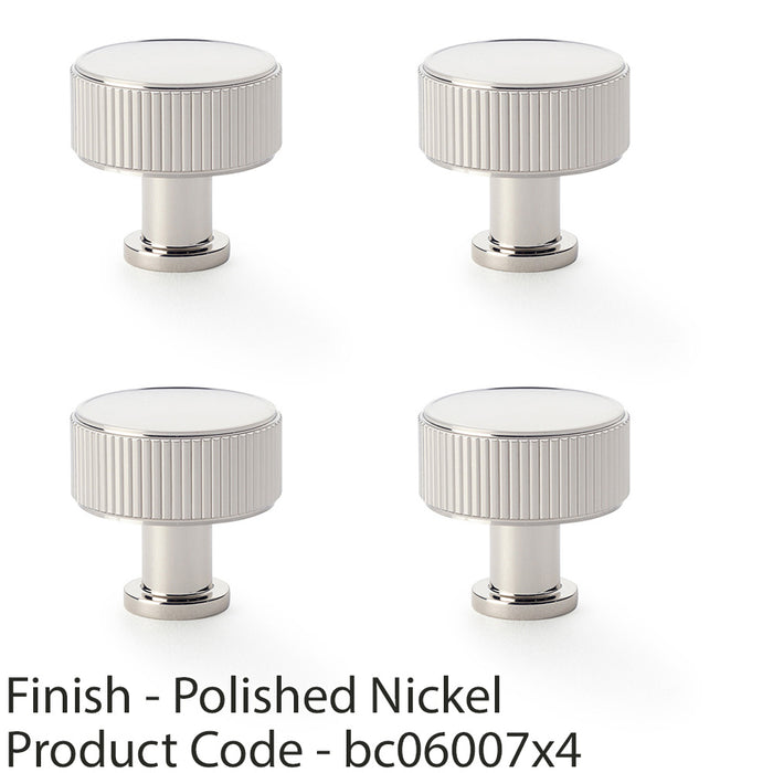 4 PACK Round Reeded Door Knob 35mm Polished Nickel Lined Cupboard Pull Handle 1