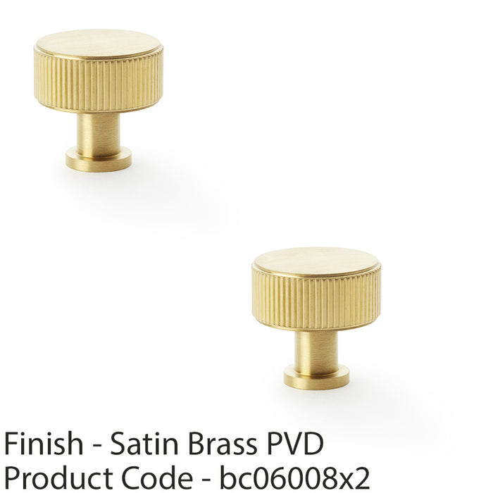 2 PACK Round Reeded Door Knob 35mm Satin Brass Lined Cupboard Pull Handle 1