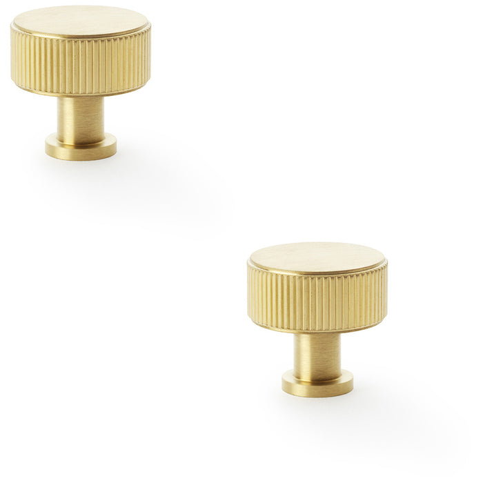 2 PACK Round Reeded Door Knob 35mm Satin Brass Lined Cupboard Pull Handle