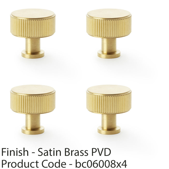 4 PACK Round Reeded Door Knob 35mm Satin Brass Lined Cupboard Pull Handle 1