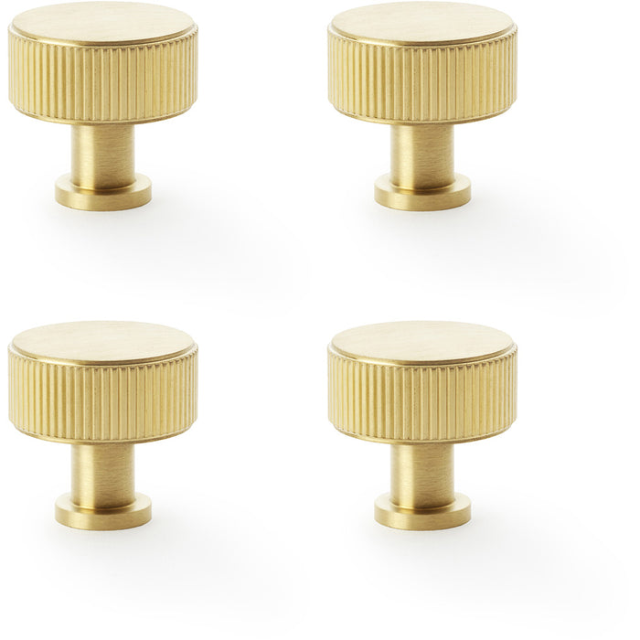 4 PACK Round Reeded Door Knob 35mm Satin Brass Lined Cupboard Pull Handle