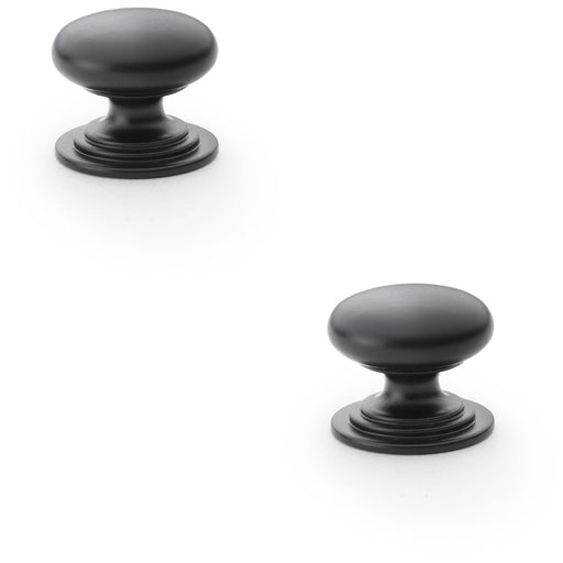 2 PACK Stepped Round Door Knob Matt Black 25mm Classic Kitchen Pull Handle