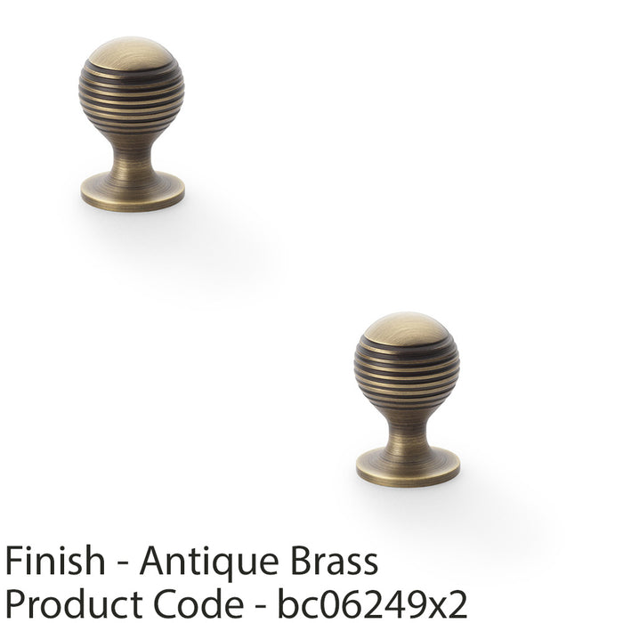 2 PACK Reeded Ball Door Knob 25mm Antique Brass Lined Cupboard Pull Handle 1