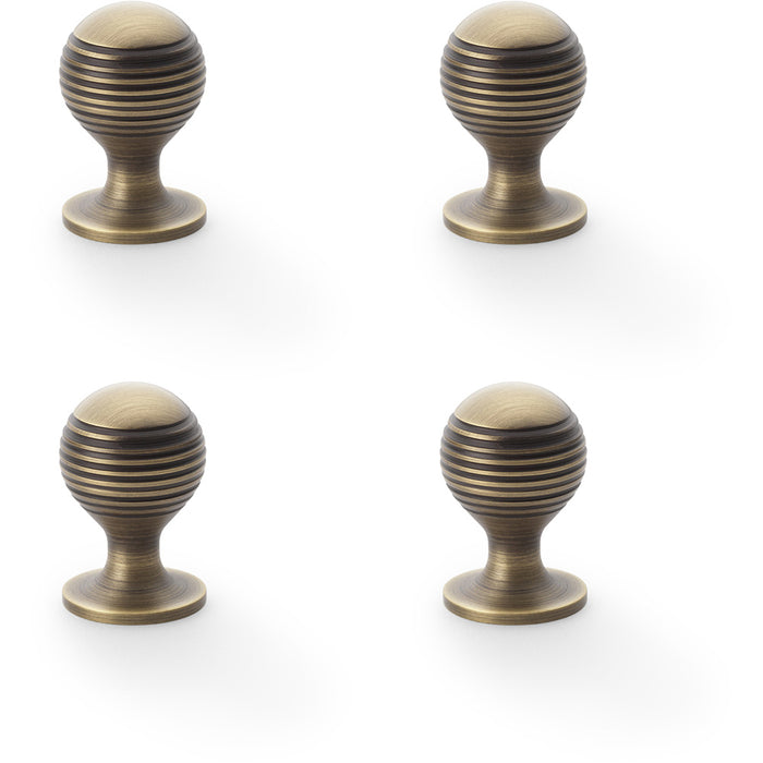 4 PACK Reeded Ball Door Knob 25mm Antique Brass Lined Cupboard Pull Handle