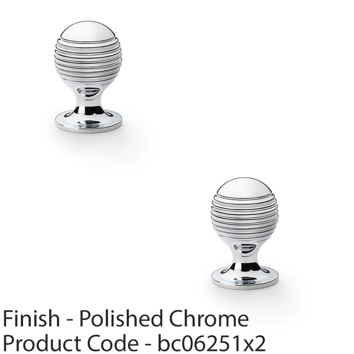 2 PACK Reeded Ball Door Knob 25mm Polished Chrome Lined Cupboard Pull Handle 1