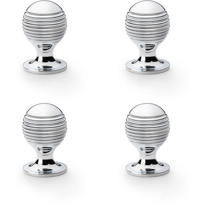 4 PACK Reeded Ball Door Knob 25mm Polished Chrome Lined Cupboard Pull Handle