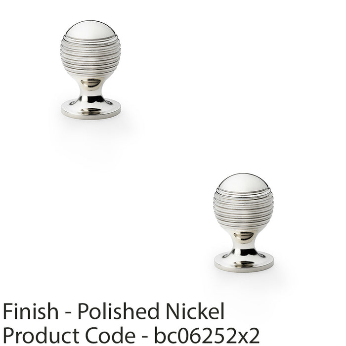 2 PACK Reeded Ball Door Knob 25mm Polished Nickel Lined Cupboard Pull Handle 1