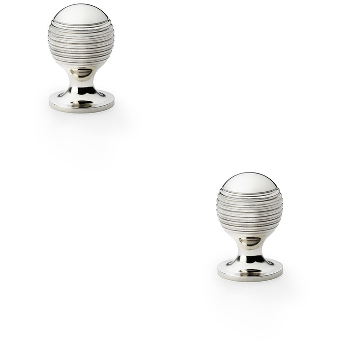 2 PACK Reeded Ball Door Knob 25mm Polished Nickel Lined Cupboard Pull Handle