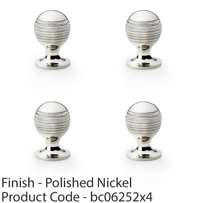 4 PACK Reeded Ball Door Knob 25mm Polished Nickel Lined Cupboard Pull Handle 1
