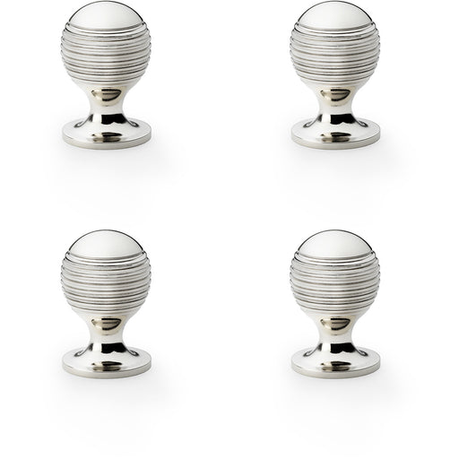 4 PACK Reeded Ball Door Knob 25mm Polished Nickel Lined Cupboard Pull Handle