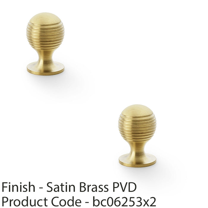 2 PACK Reeded Ball Door Knob 25mm Satin Brass Lined Cupboard Pull Handle 1