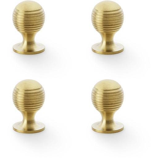 4 PACK Reeded Ball Door Knob 25mm Satin Brass Lined Cupboard Pull Handle