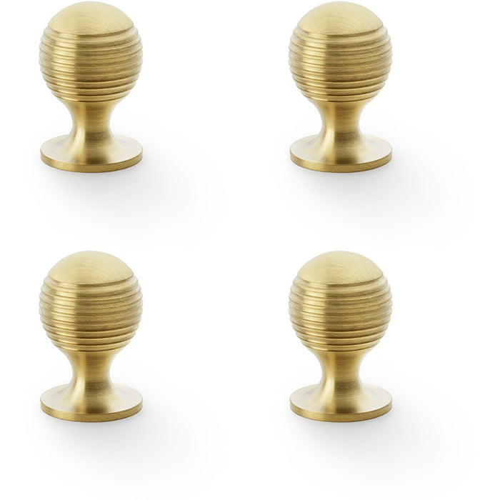 4 PACK Reeded Ball Door Knob 25mm Satin Brass Lined Cupboard Pull Handle