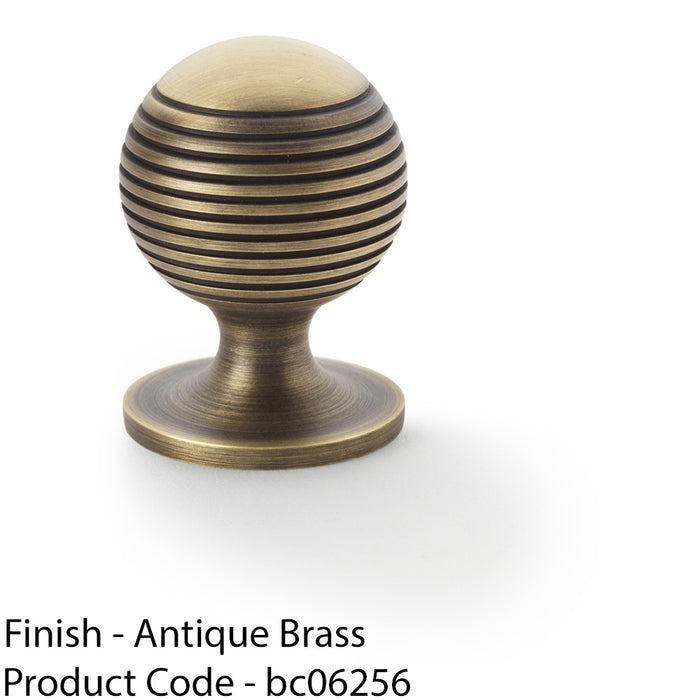 Reeded Ball Door Knob - 32mm Diameter Antique Brass Lined Cupboard Pull Handle 1