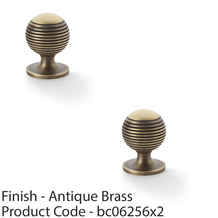 2 PACK Reeded Ball Door Knob 32mm Antique Brass Lined Cupboard Pull Handle 1
