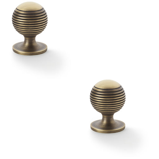 2 PACK Reeded Ball Door Knob 32mm Antique Brass Lined Cupboard Pull Handle