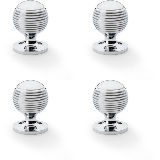 4 PACK Reeded Ball Door Knob 32mm Polished Chrome Lined Cupboard Pull Handle