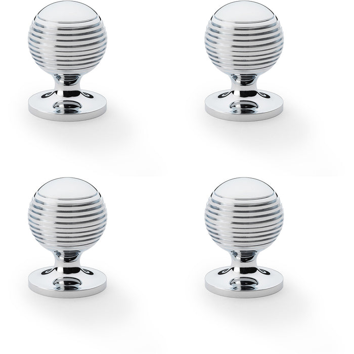 4 PACK Reeded Ball Door Knob 32mm Polished Chrome Lined Cupboard Pull Handle