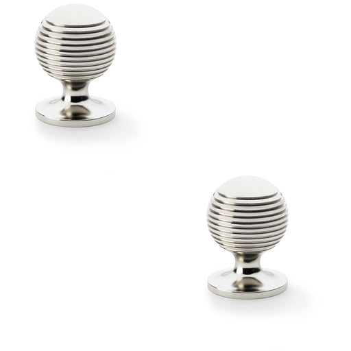 2 PACK Reeded Ball Door Knob 32mm Polished Nickel Lined Cupboard Pull Handle