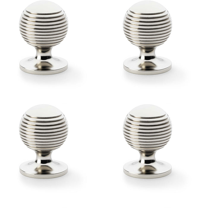 4 PACK Reeded Ball Door Knob 32mm Polished Nickel Lined Cupboard Pull Handle