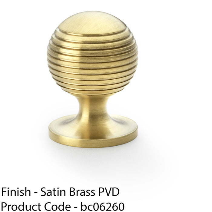 Reeded Ball Door Knob - 32mm Diameter Satin Brass Lined Cupboard Pull Handle 1
