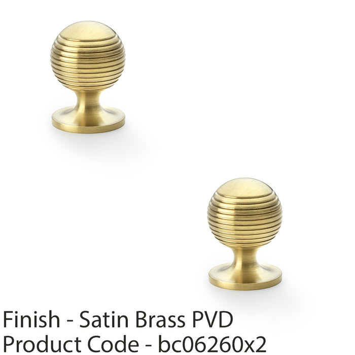 2 PACK Reeded Ball Door Knob 32mm Satin Brass Lined Cupboard Pull Handle 1