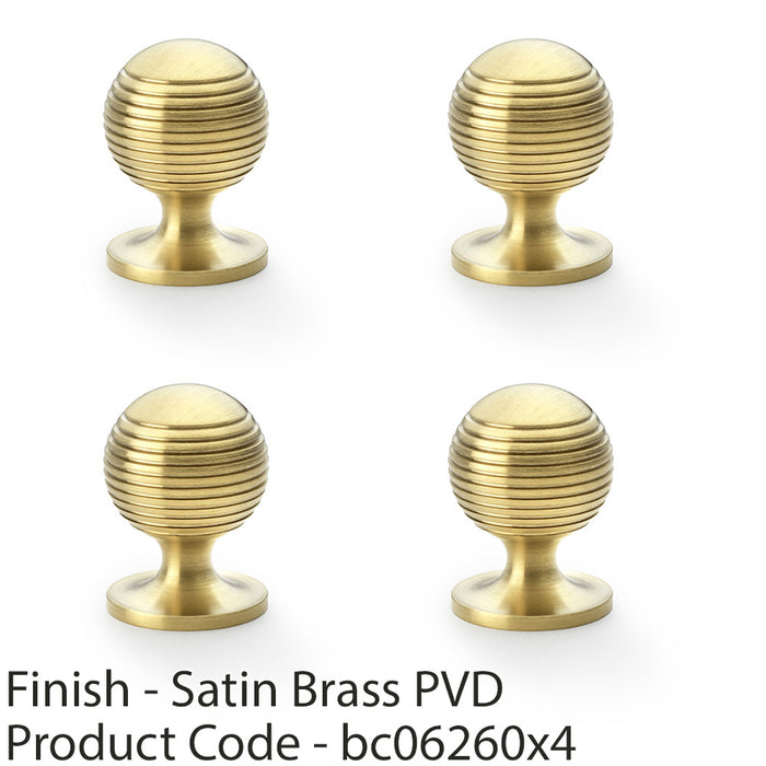 4 PACK Reeded Ball Door Knob 32mm Satin Brass Lined Cupboard Pull Handle 1