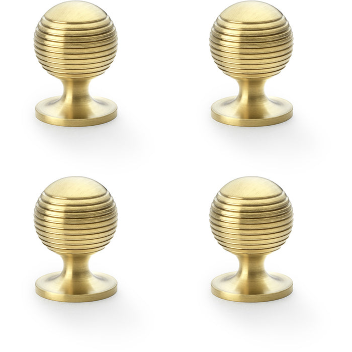 4 PACK Reeded Ball Door Knob 32mm Satin Brass Lined Cupboard Pull Handle