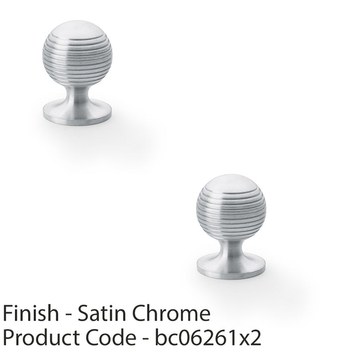 2 PACK Reeded Ball Door Knob 32mm Satin Chrome Lined Cupboard Pull Handle 1