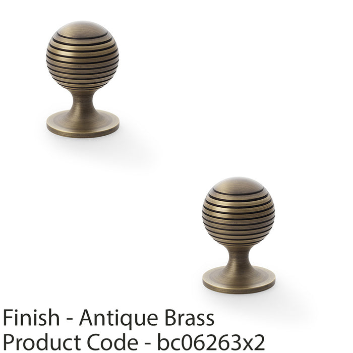 2 PACK Reeded Ball Door Knob 38mm Antique Brass Lined Cupboard Pull Handle 1
