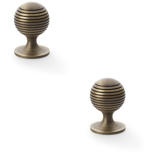 2 PACK Reeded Ball Door Knob 38mm Antique Brass Lined Cupboard Pull Handle