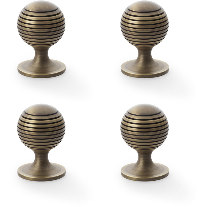 4 PACK Reeded Ball Door Knob 38mm Antique Brass Lined Cupboard Pull Handle