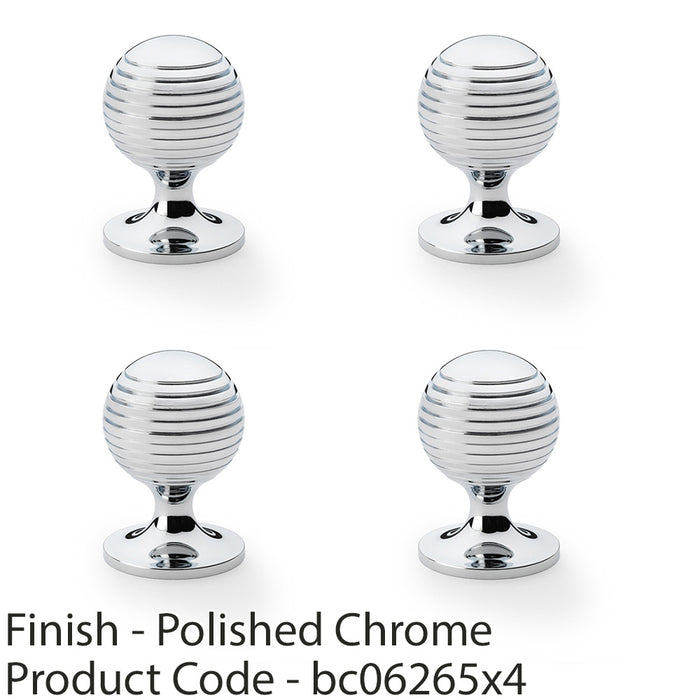 4 PACK Reeded Ball Door Knob 38mm Polished Chrome Lined Cupboard Pull Handle 1