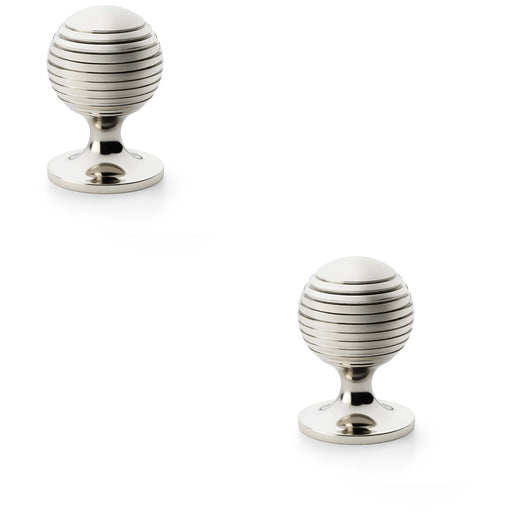 2 PACK Reeded Ball Door Knob 38mm Polished Nickel Lined Cupboard Pull Handle
