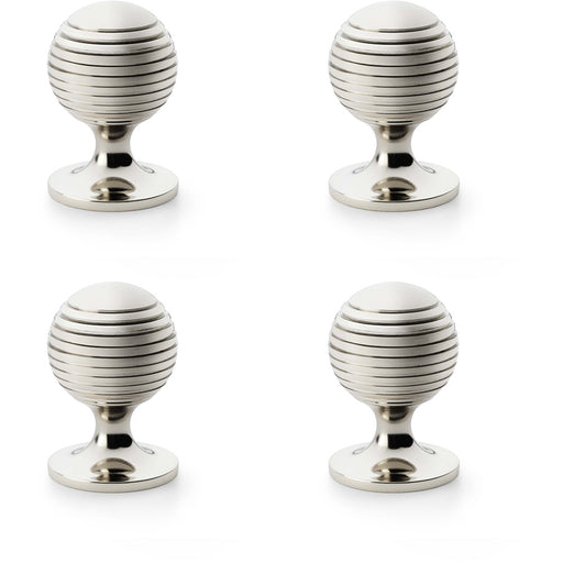 4 PACK Reeded Ball Door Knob 38mm Polished Nickel Lined Cupboard Pull Handle