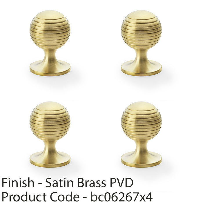 4 PACK Reeded Ball Door Knob 38mm Satin Brass Lined Cupboard Pull Handle 1