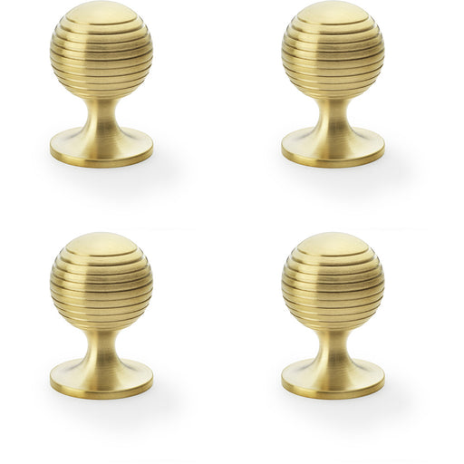 4 PACK Reeded Ball Door Knob 38mm Satin Brass Lined Cupboard Pull Handle