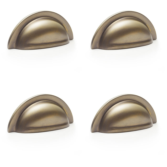 4 PACK Ridged Cup Handle Antique Brass 76mm Centres Solid Brass Drawer Pull