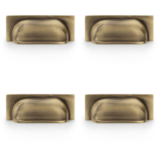 4 PACK Backplate Cup Handle Antique Brass 96mm Centres Solid Brass Drawer Pull