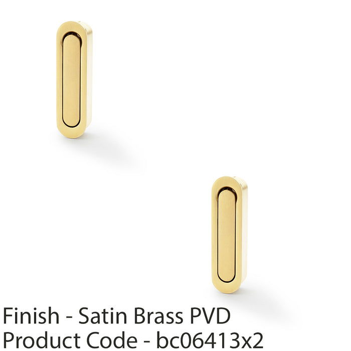 2 PACK Flush Sliding Pocket Door Pull Handle Satin Brass 70mm x 19mm Radius Edge 1