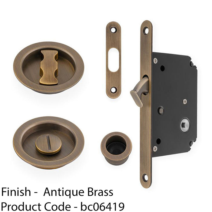 Sliding Pocket Door Lock & Latch Set - Antique Brass Rounded Forend Finger Pull 1