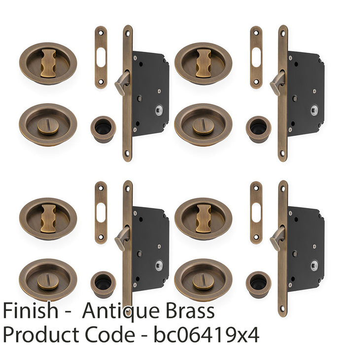 4 PACK Sliding Pocket Door Lock & Latch Set Antique Brass Rounded Finger Pull 1