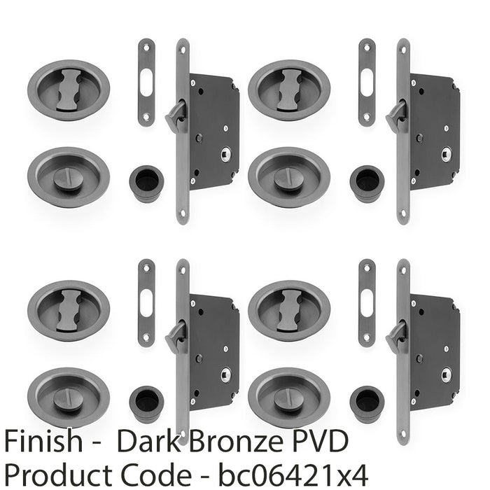 4x Sliding Pocket Door Lock & Latch Set Dark Bronze Rounded Forend Finger Pull 1