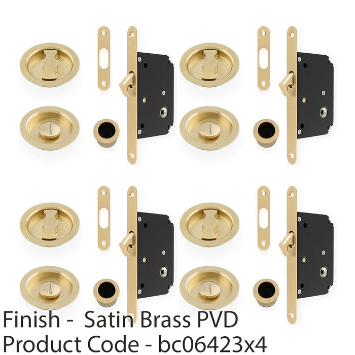 4x Sliding Pocket Door Lock & Latch Set Satin Brass Rounded Forend Finger Pull 1