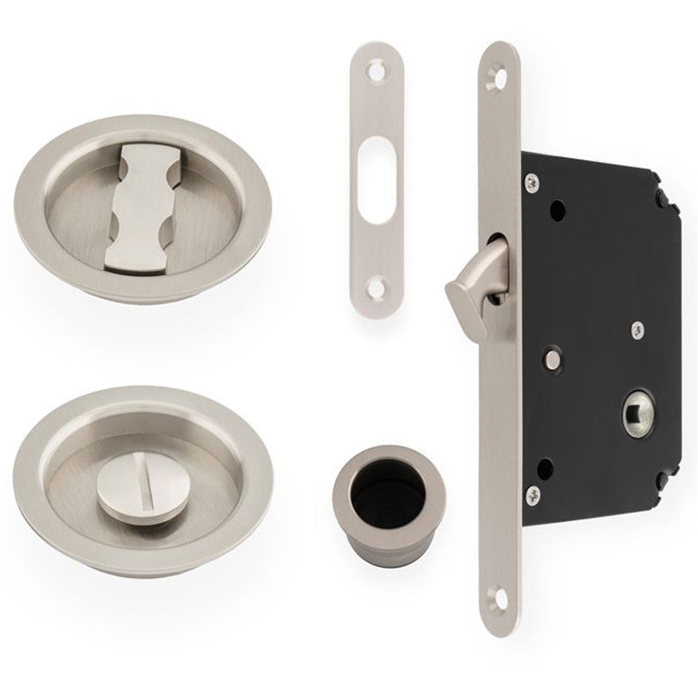 Sliding Pocket Door Lock & Latch Set - Satin Nickel Rounded Forend Fin ...