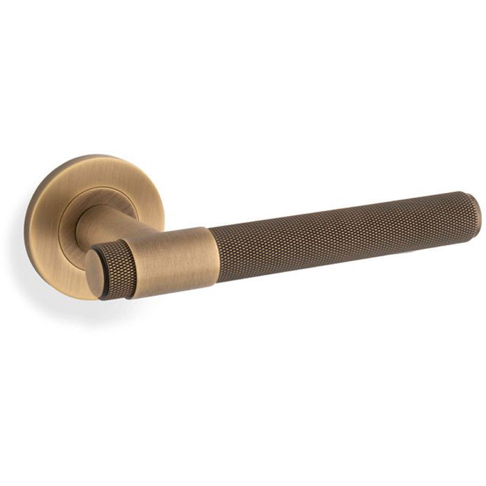 SOLID BRASS Knurled Door Handle Set - Antique Brass Bar Lever On Round Rose