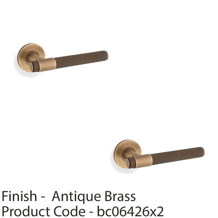 2 PACK SOLID BRASS Knurled Door Handle Set Antique Brass Bar Lever On Round Rose 1