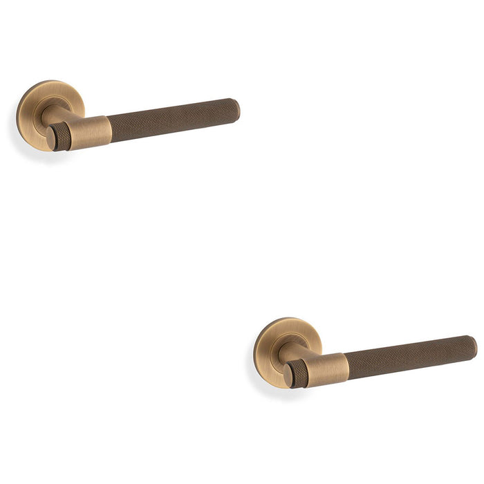 2 PACK SOLID BRASS Knurled Door Handle Set Antique Brass Bar Lever On Round Rose