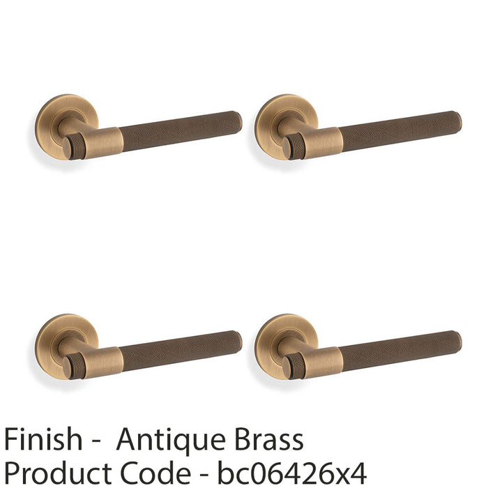 4 PACK SOLID BRASS Knurled Door Handle Set Antique Brass Bar Lever On Round Rose 1